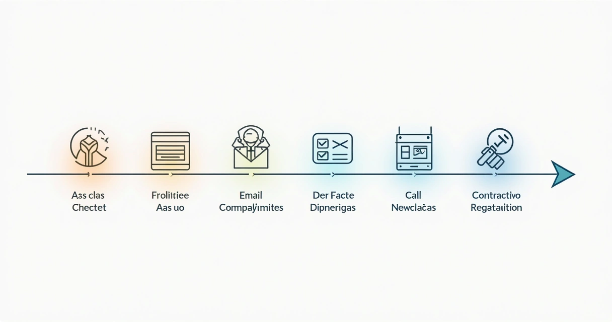 Linha do tempo detalhada com ícones do funil de marketing ao contrato assinado 