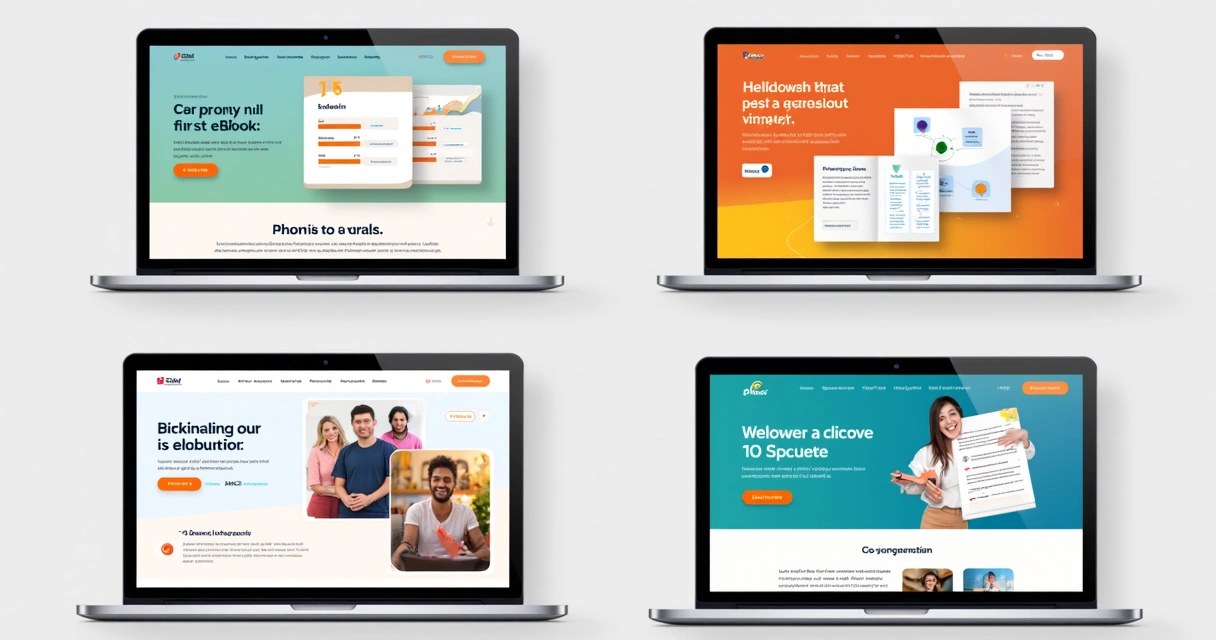 Diferentes exemplos de landing pages para ebook, com layouts variados 