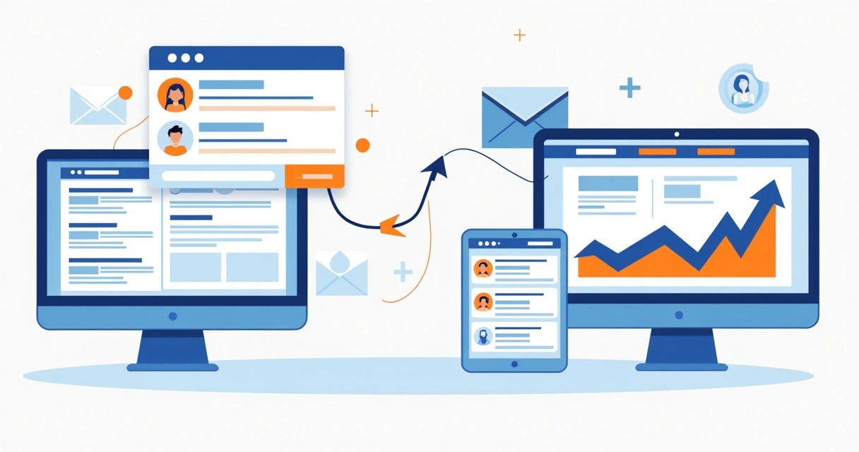 Quadro mostrando formulários de cadastro e gráficos de interação de leads 
