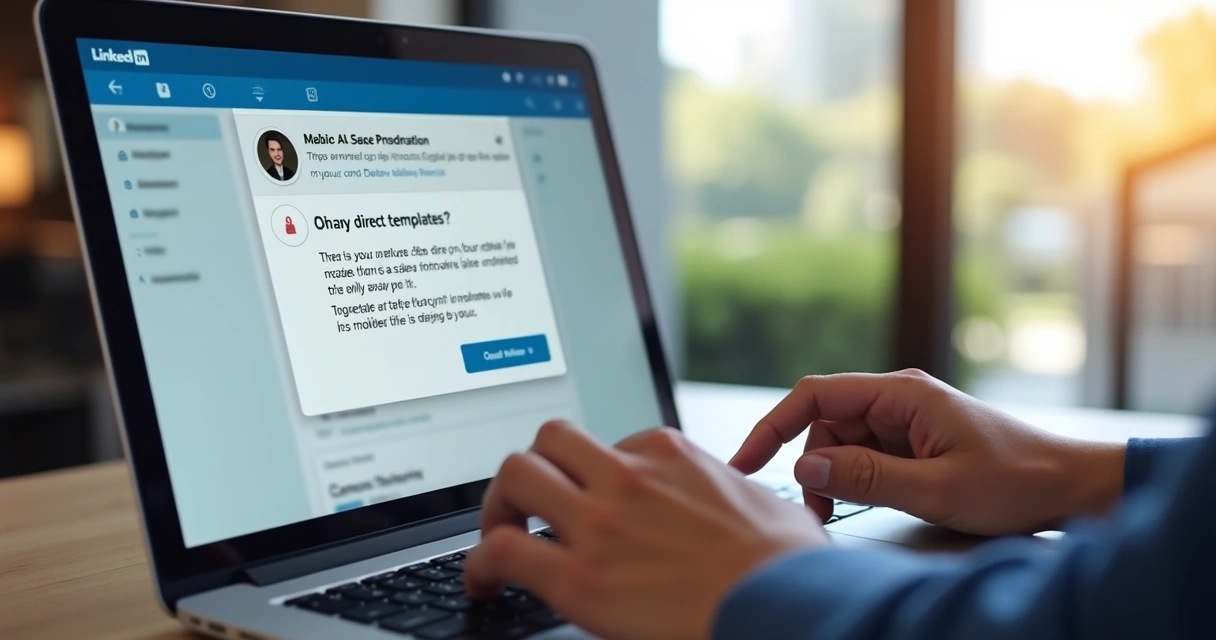Simulação de conversa no LinkedIn DM entregando template digital a profissional de vendas. 
