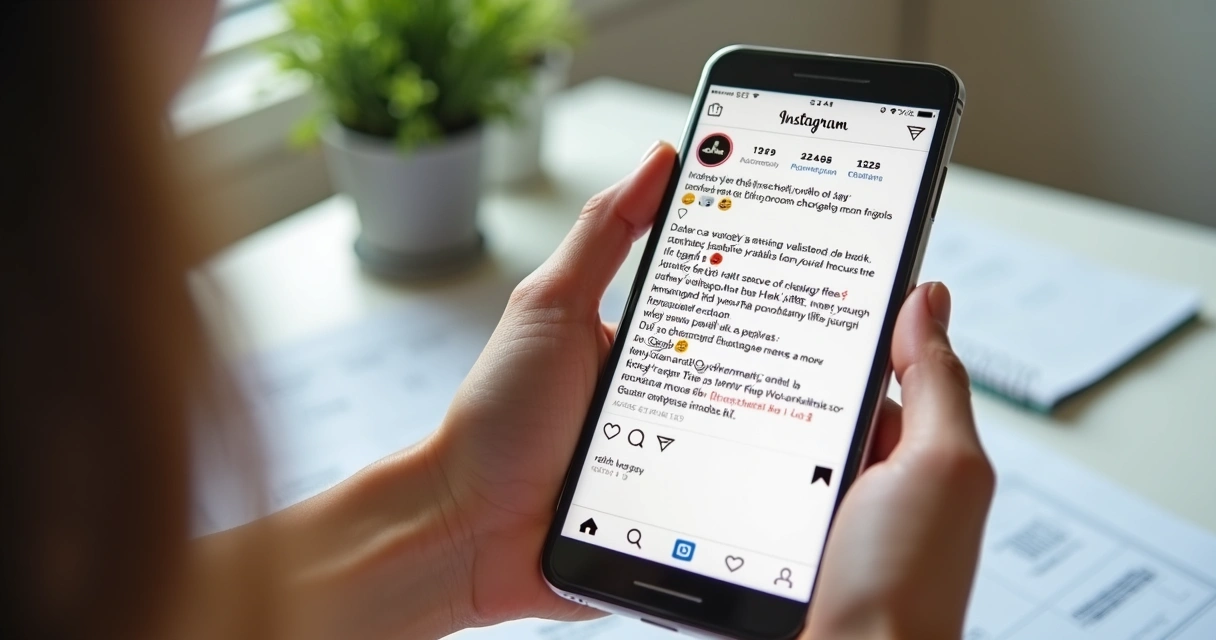 Celular na mão exibindo legenda do Instagram com hashtags e emojis 