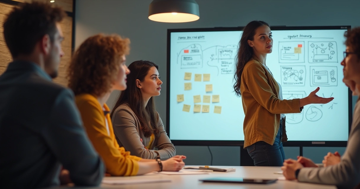 Equipe reunida observando apresentação inspiradora do líder. 
