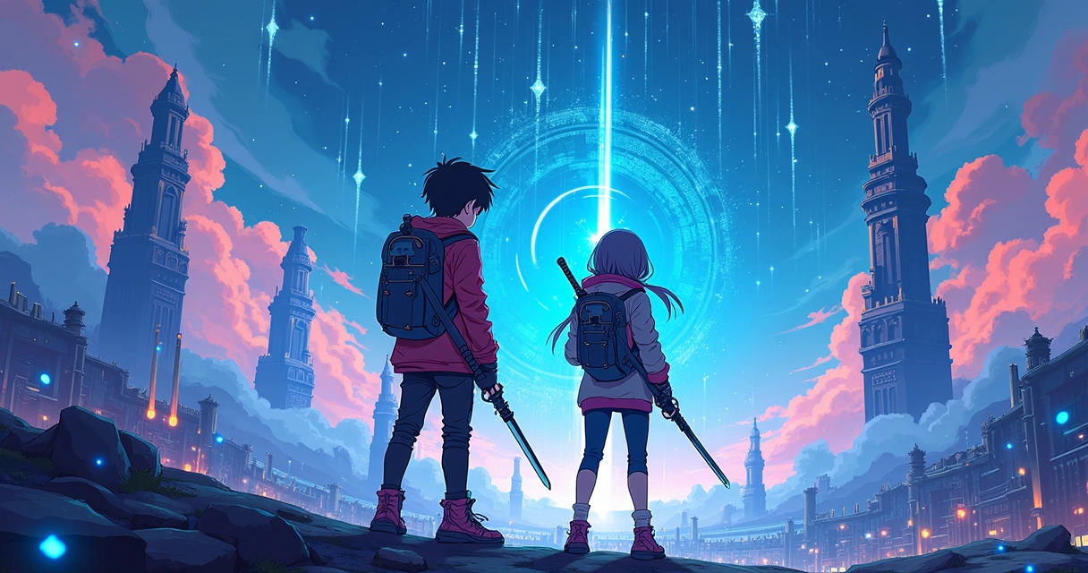 Cena de aventura em universo virtual com personagens de anime 