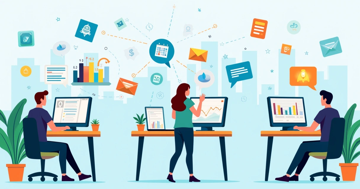 Ambiente de escritório ilustrando automações do n8n em marketing, atendimento e vendas.