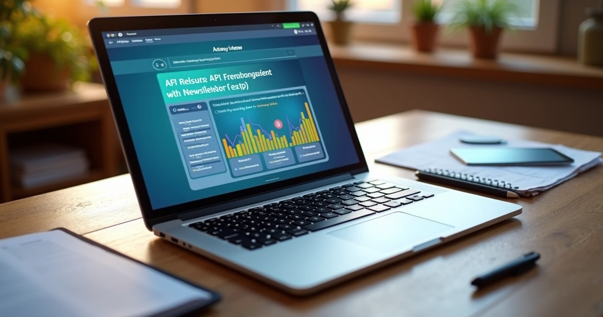 Newsletter aberta em laptop com destaques coloridos e gráficos de engajamento. 