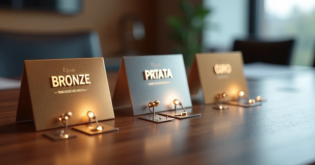 Exemplo visual mostrando cartões de três níveis de parceria empresarial 