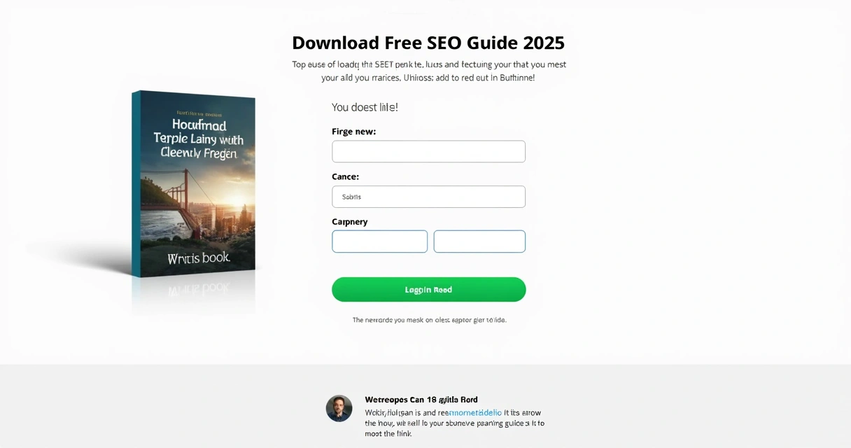 Página digital com capa de e-book, formulário pequeno e botão verde chamativo 