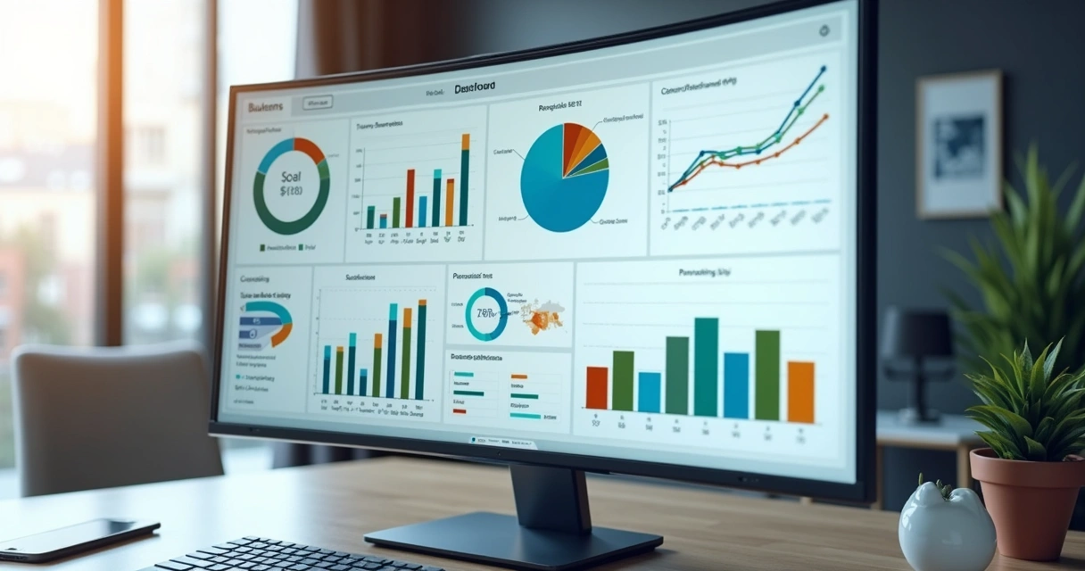 Tela de painel de BI colorido com gráficos e indicadores de vendas, estoque e satisfação de clientes 