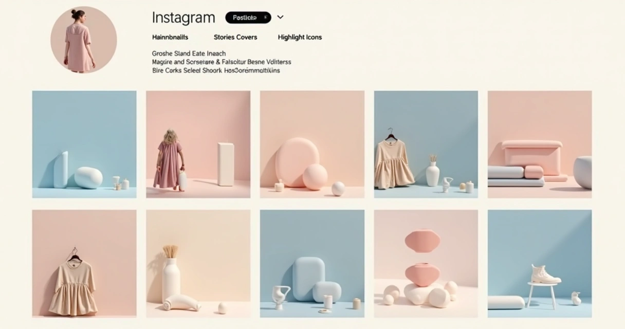 Feed de Instagram com paleta de cores em tons pastel, incluindo rosa claro, azul bebê e bege. 