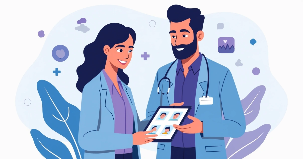Representantes de uma empresa de tecnologia e hospital discutindo parceria white label com tablet na mão 
