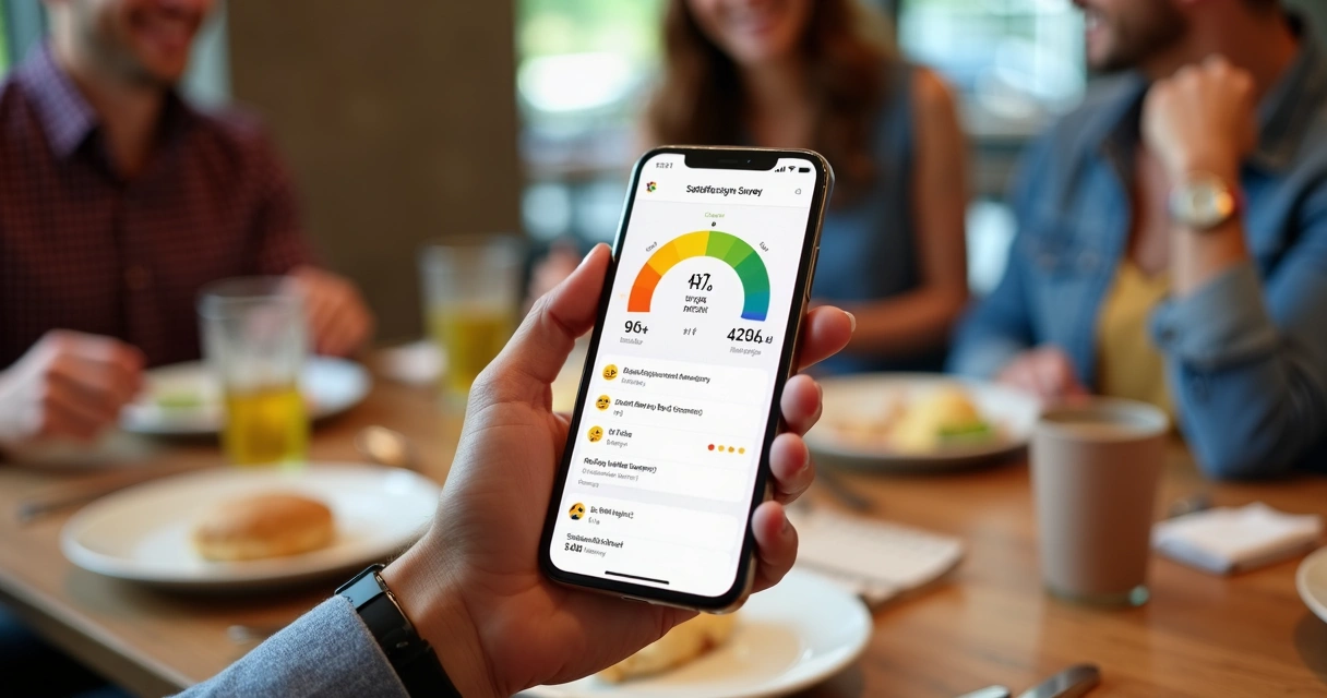 Tela de smartphone exibindo pesquisa rápida de satisfação com opções para o cliente responder