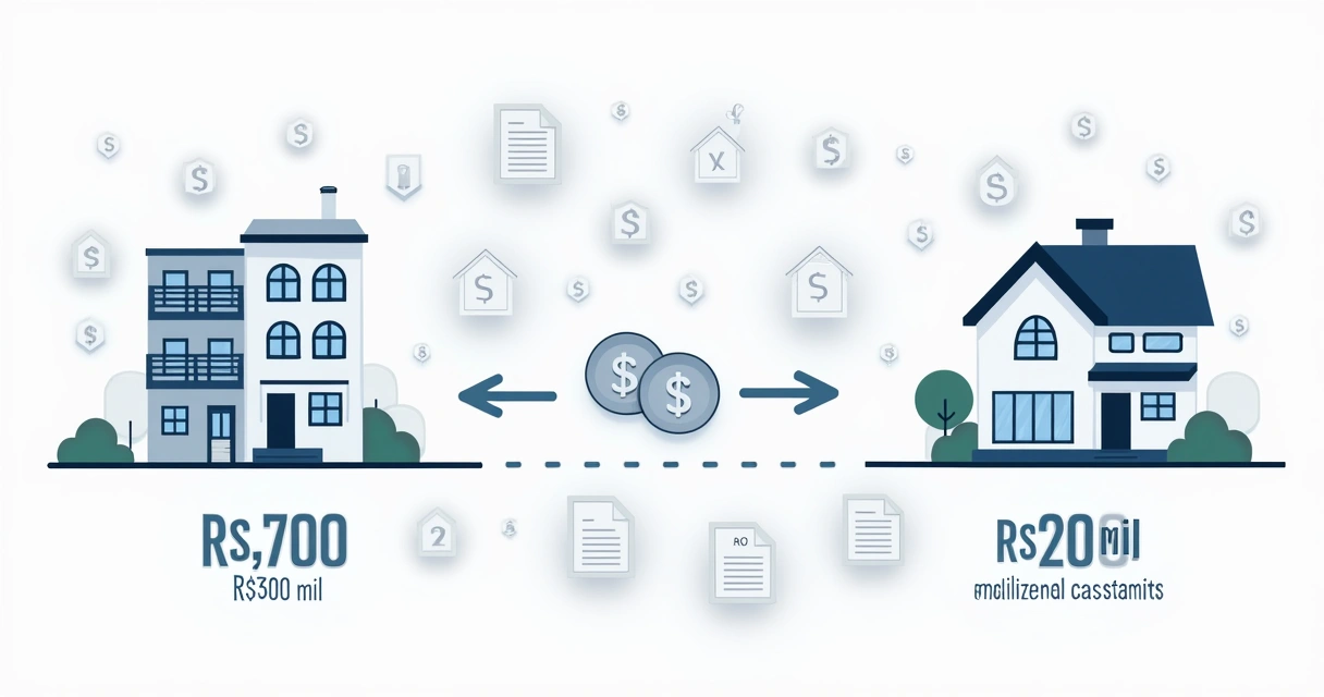 Diagrama mostrando permuta entre apartamento e casa com pagamento de torna