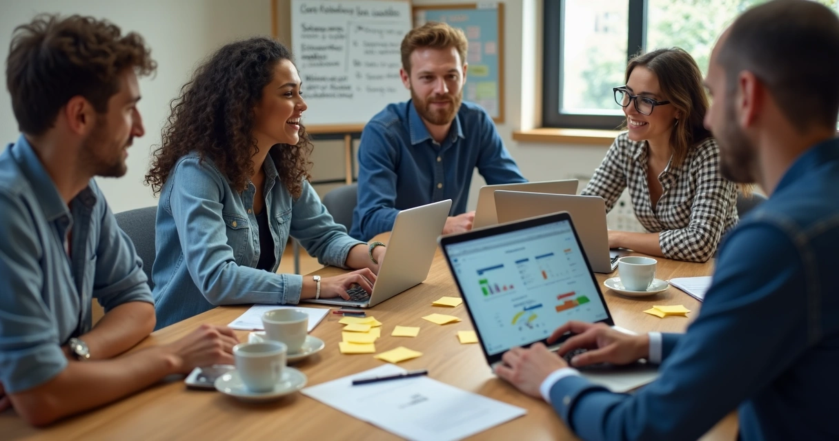 Equipe de trabalho analisando gráficos de pesquisa em notebooks 