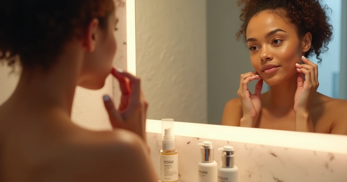 Pessoa aplicando produto skincare rosto à noite, ambiente iluminado suavemente, frascos ao lado 
