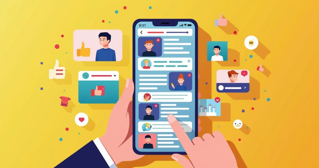 Tela de smartphone com postagens políticas animadas e emojis de apoio 