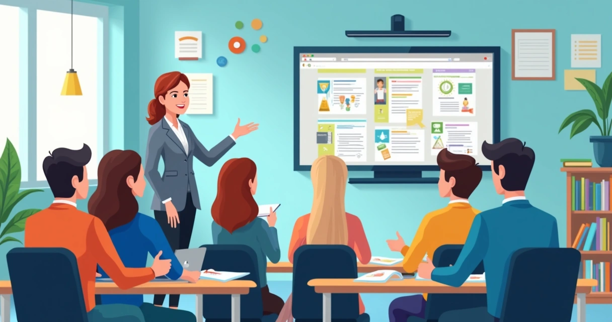 Consultor apresentando software a grupo de parceiros em uma escola. 