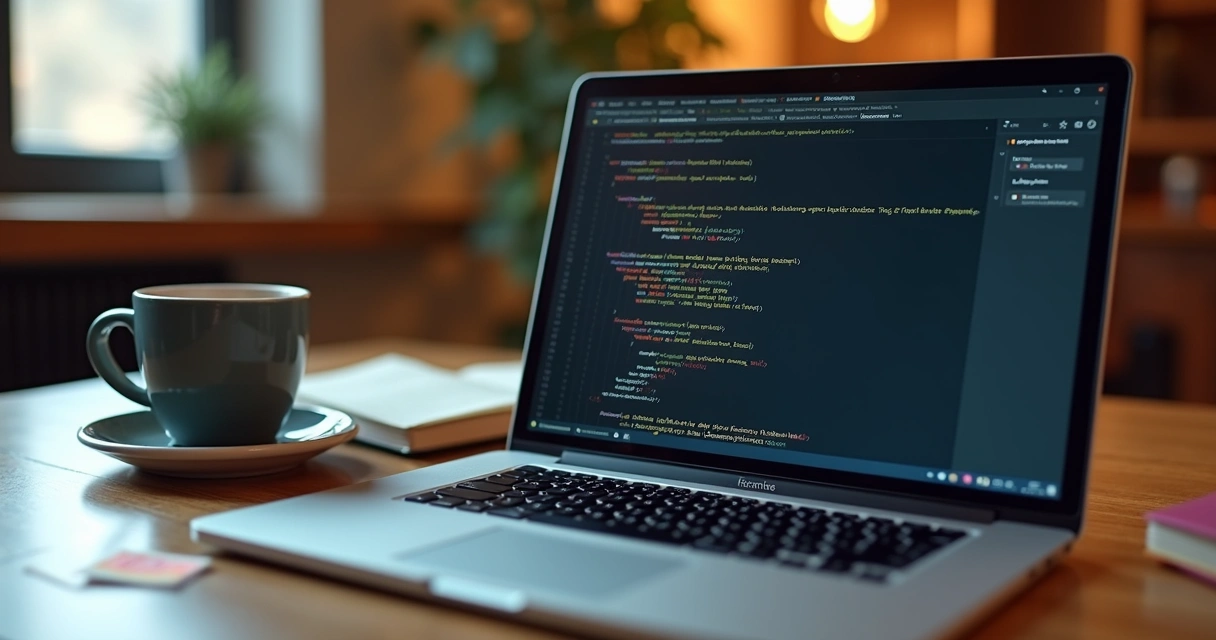 Notebook mostrando código explicativo em uma mesa de trabalho 