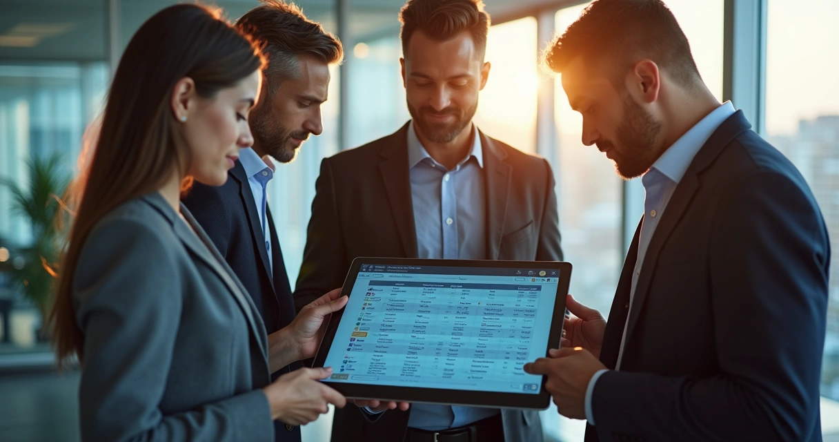 Equipe comercial analisando lista de contatos em tablet 