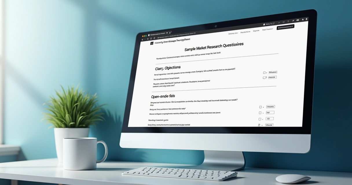Tela de computador mostrando exemplo de questionário de pesquisa de mercado com perguntas claras e objetivas 