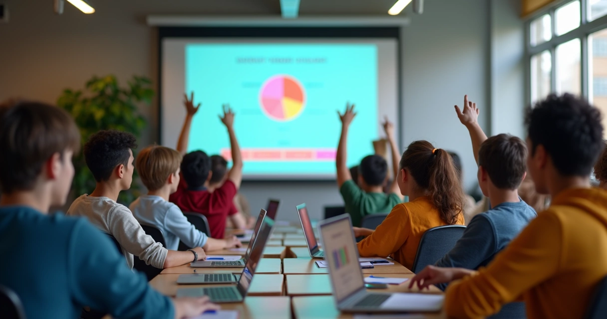 Quiz digital projetado em tela, alunos de diferentes idades utilizando computadores 