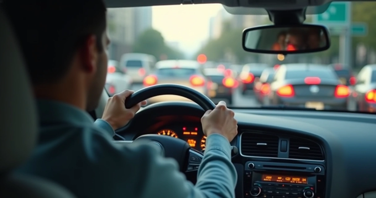 Carros parados em trânsito com uma pessoa ao volante mostrando sinais de tensão facial. 