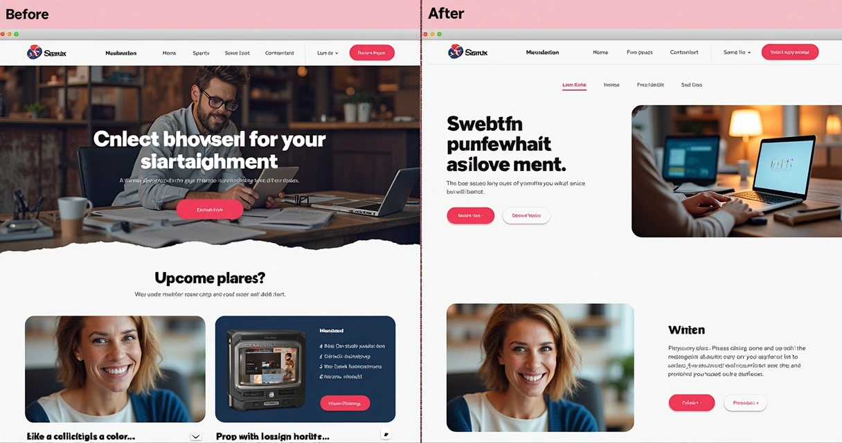 Antes e depois de uma página de site de startup destacando melhorias de branding