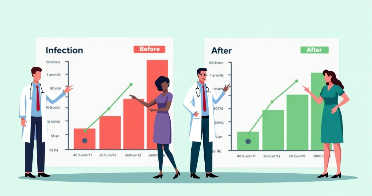 Re-auditoria clínica: estratégias para melhoria contínua na saúde 5 Comparativo visual de infecção por cateter antes e depois de intervenções, mostrado por gráficos