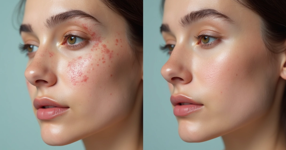 Antes e depois de paciente com melhora de manchas e textura após PDRN 