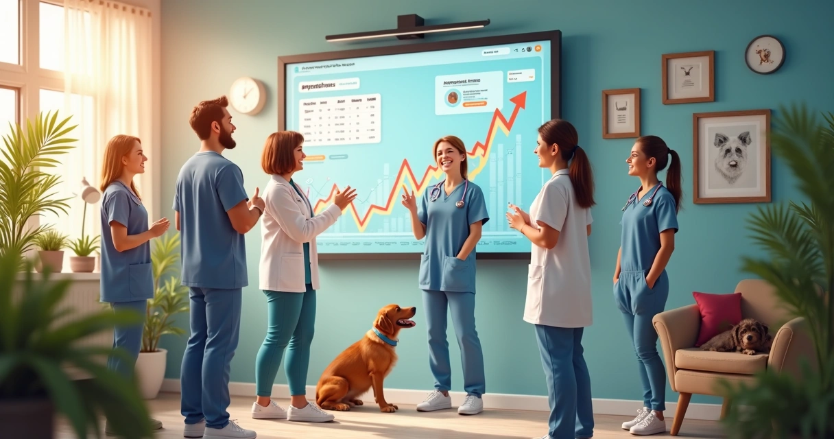 Veterinário feliz comemorando aumento de clientes com a equipe