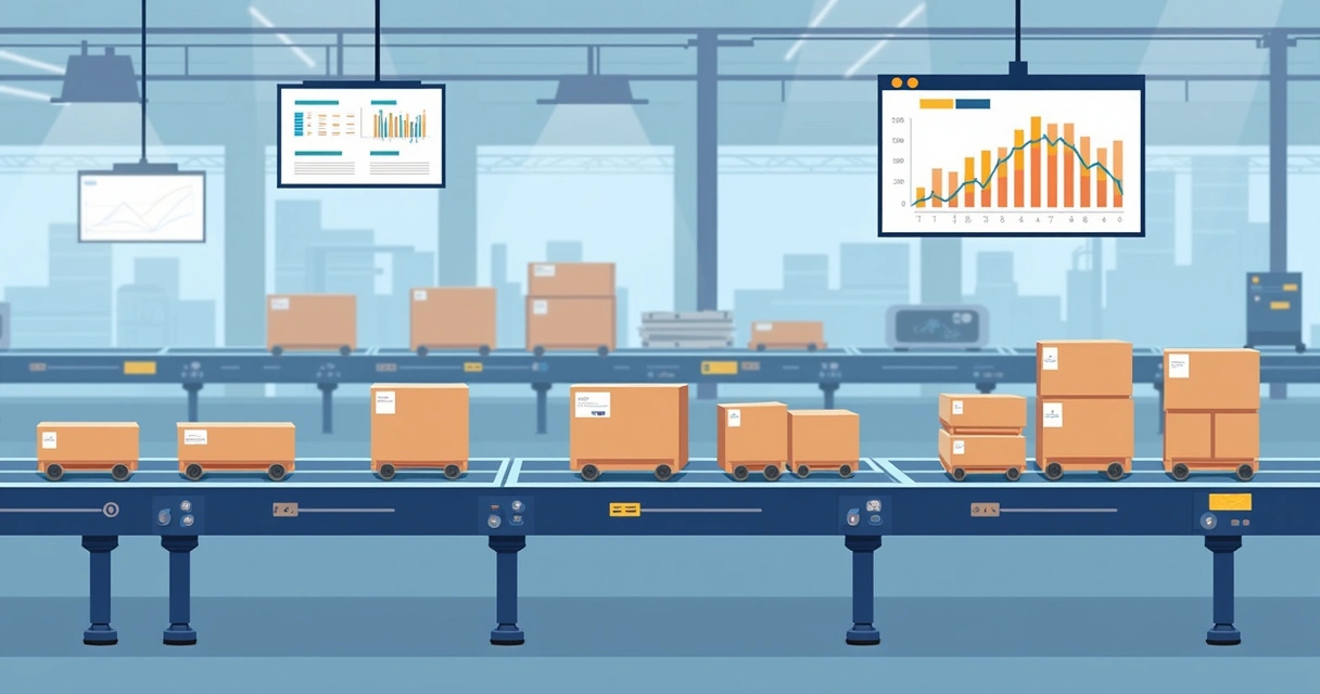 Funcionamento de RFID em ambiente industrial, com linhas de produção e leitores automáticos.