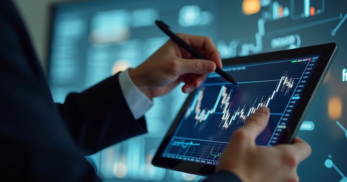 Pessoa apontando para gráfico financeiro em tablet com fórmulas matemáticas ao fundo 