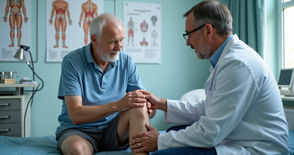 Idoso em consulta médica com o joelho sendo examinado. 