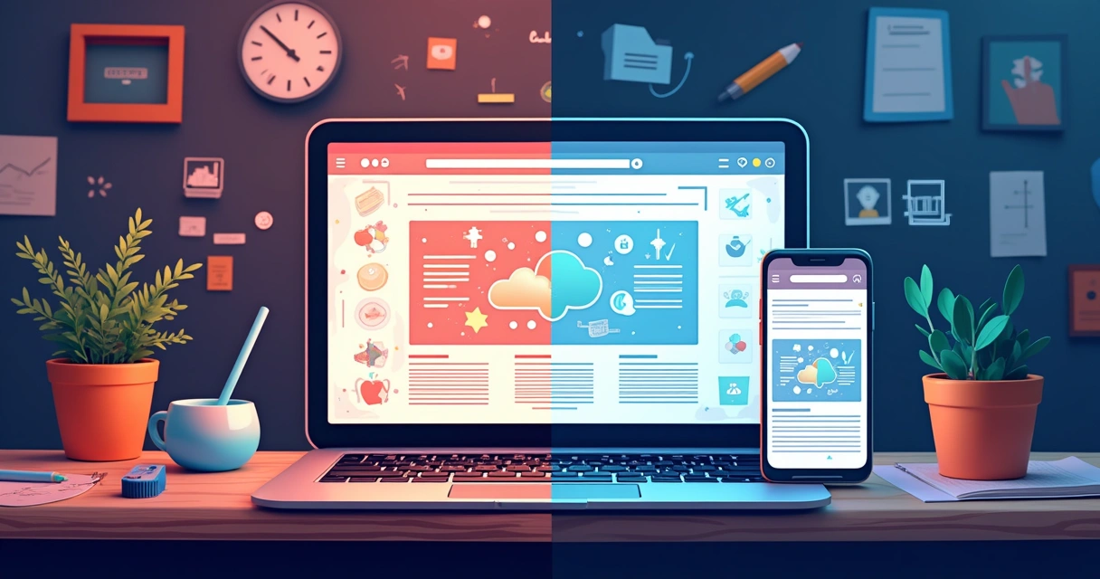 Comparação visual entre site improvisado e site profissional