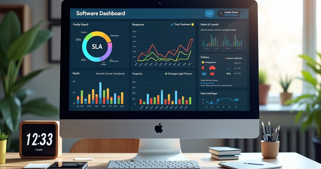 Tela de computador exibindo um painel de controle de SLA de manutenção de software 