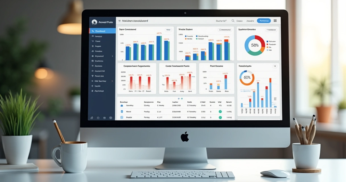 Sistema personalizado em tela de computador mostrando gráficos de vendas, estoque e automação de tarefas