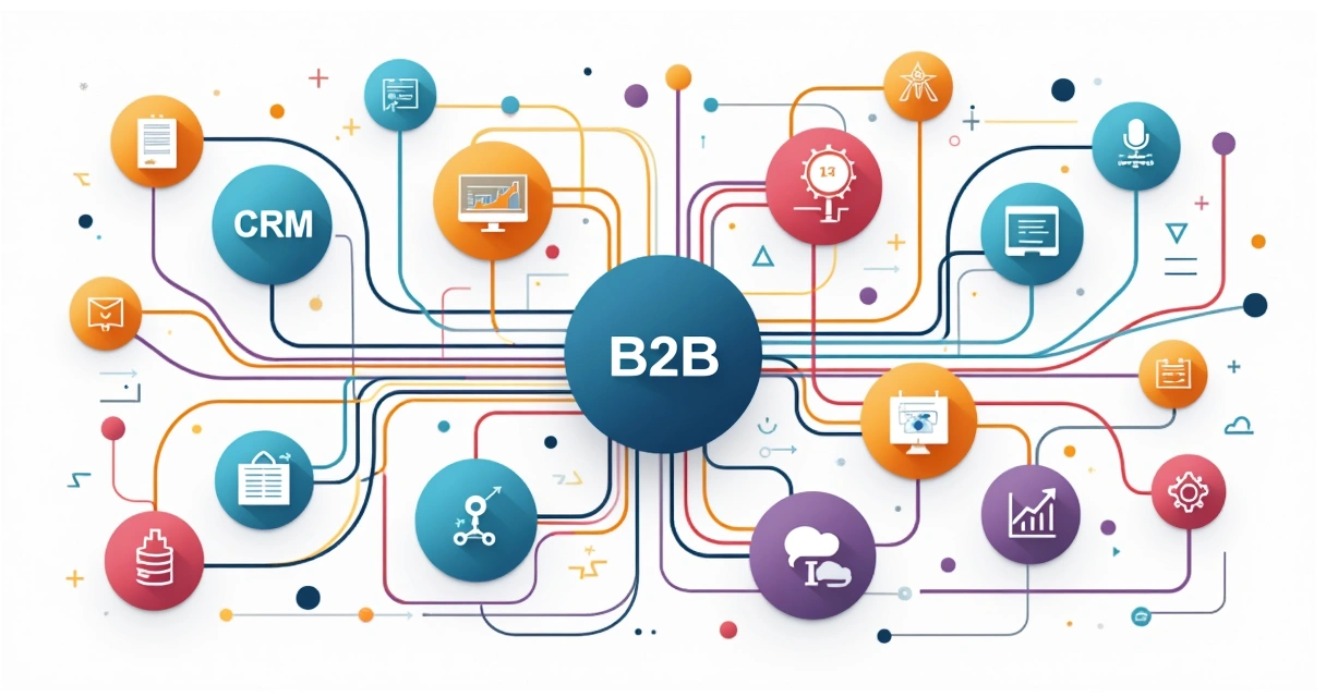 Diagrama colorido de stack B2B com automação, vários ícones conectados por linhas 