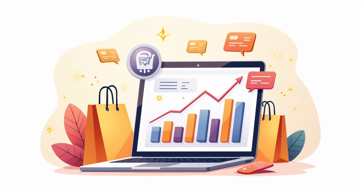 Crescimento de vendas em ecommerce representado por gráficos e compras 