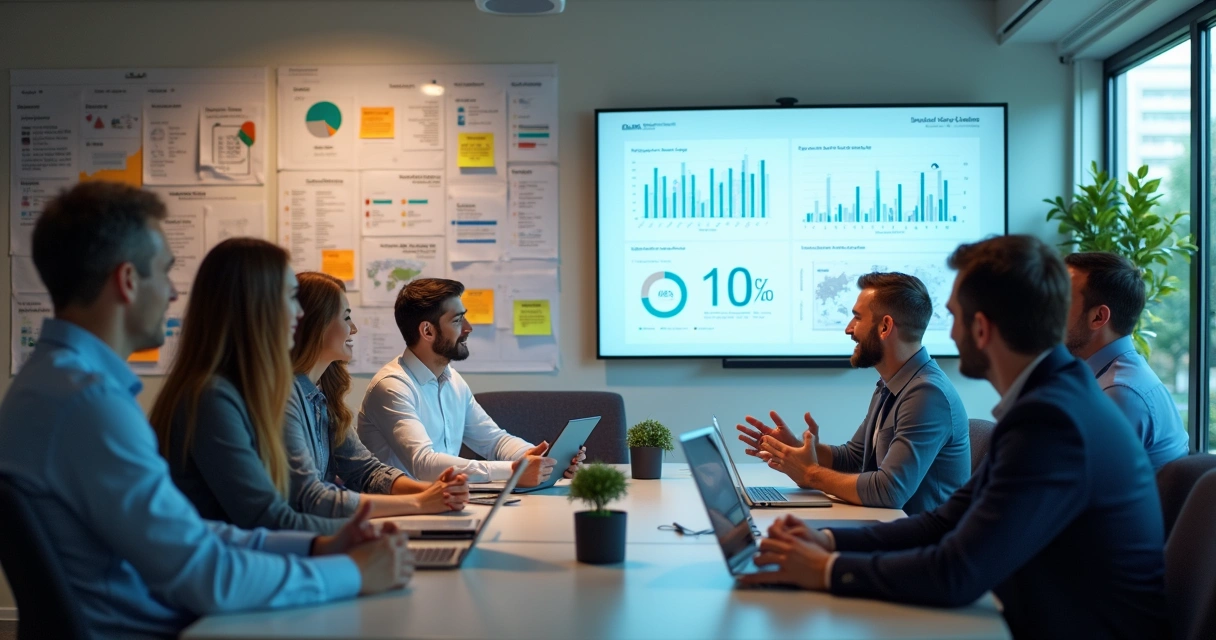 Áreas de uma empresa reunidas discutindo mural de feedbacks e celebrando resultado positivo 