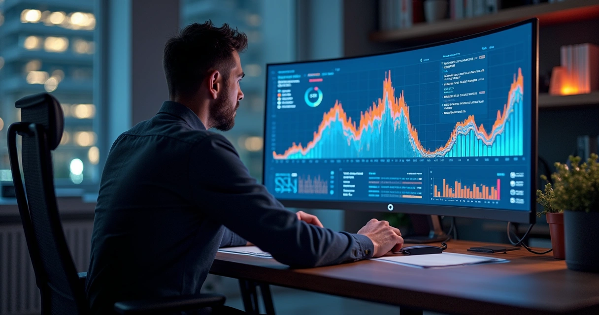 Dashboard de analytics em tela grande com gráficos robustos 