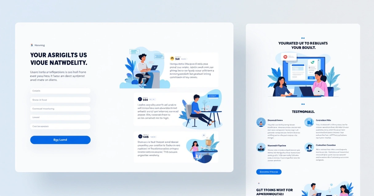 Layout de template de landing page com formulário, headline e imagens 