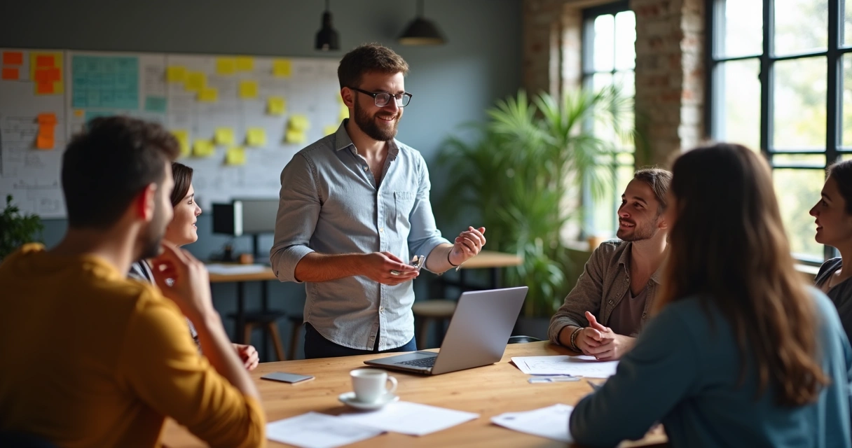 Empreendedor brasileiro apresentando MVP para consumidores jovens em ambiente descontraído 