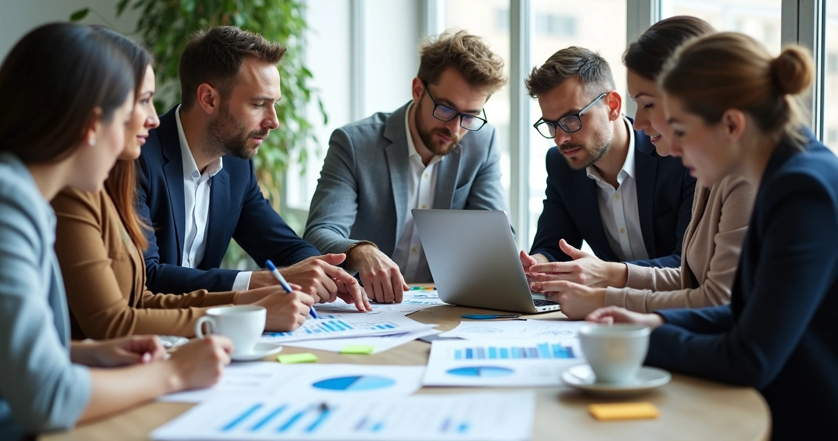 Equipe comercial analisando juntos relatórios automatizados. 