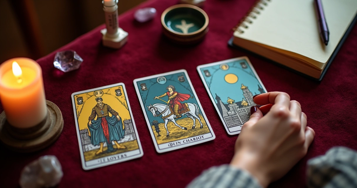 Três cartas de tarot dispostas na mesa, mãos femininas interpretando os símbolos 