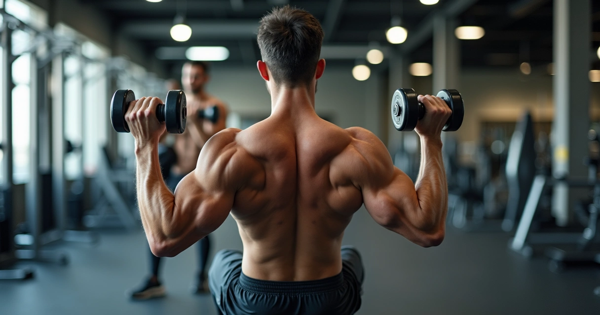 Homem em academia realizando remada com halteres, destaque para costas e bíceps. 