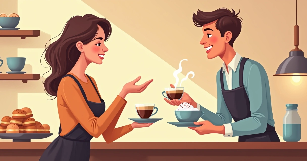 Balconista de cafeteria oferecendo upgrade de café expresso para cappuccino 