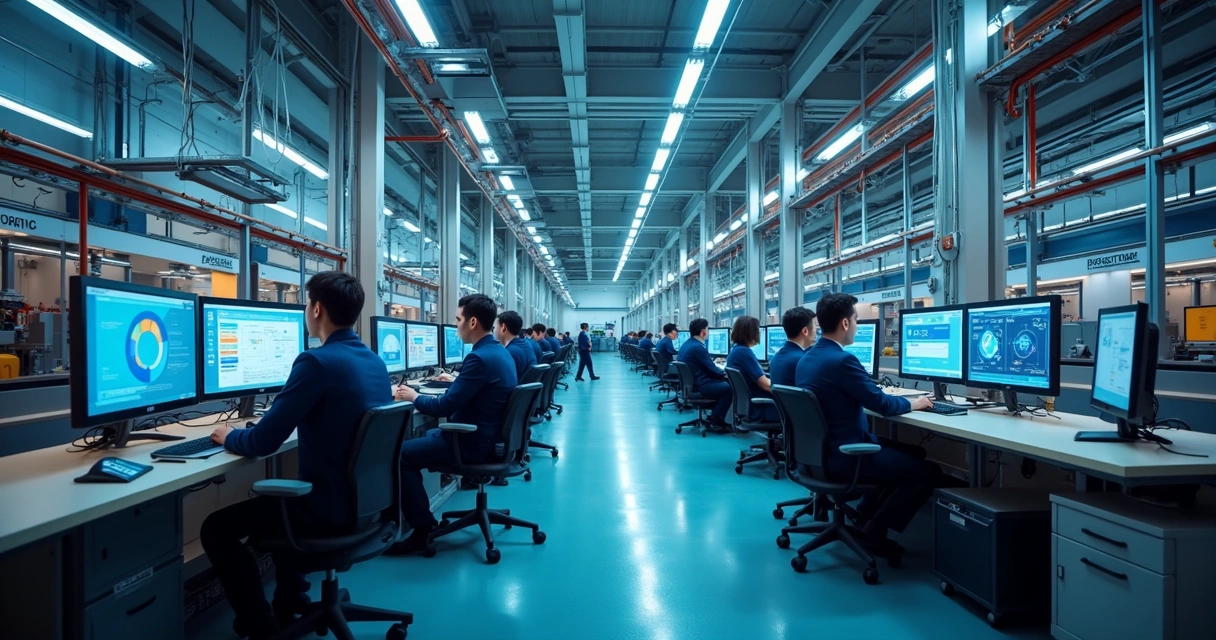 Linha de produção moderna com telas mostrando gráficos e conexões de dados