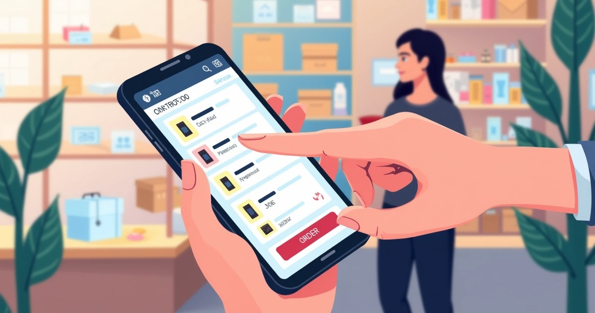 Cliente escolhendo produto em catálogo digital em celular durante atendimento 