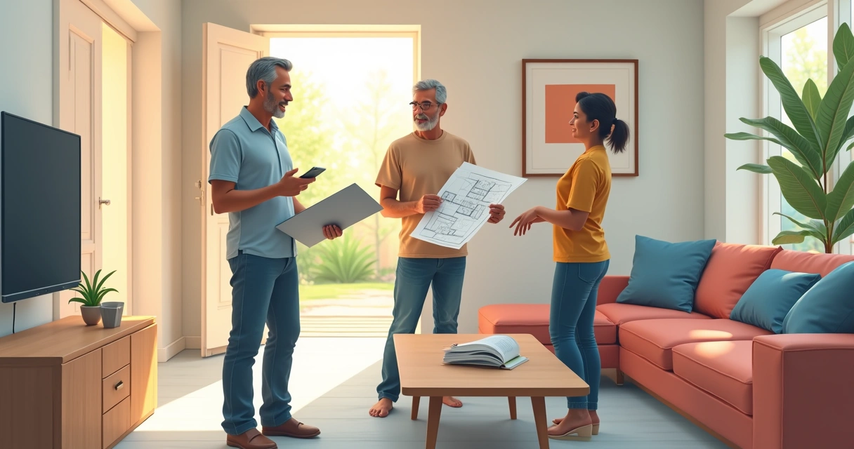 Engenheiro inspeccionando sala de casa com proprietário ao lado 
