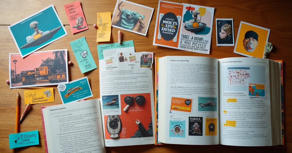 Colagem visual com recortes de campanhas de marcas, redes sociais e livros de histórias 