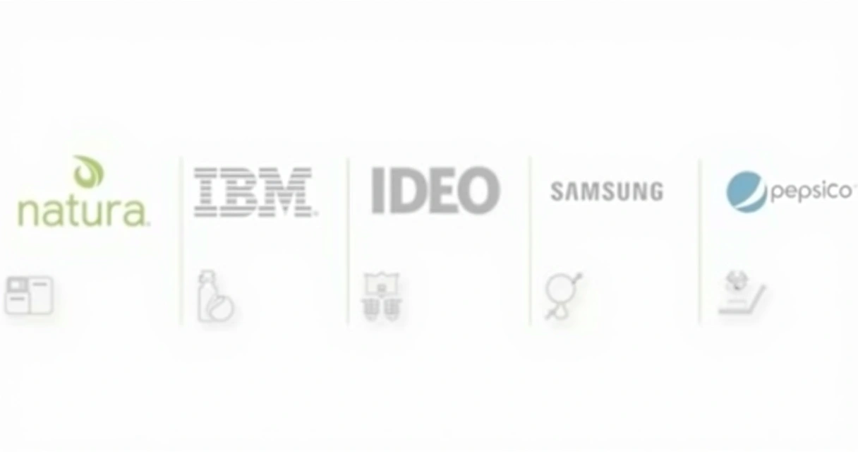 Logos das empresas Natura, IBM, Samsung, IDEO e PepsiCo em fundo branco 